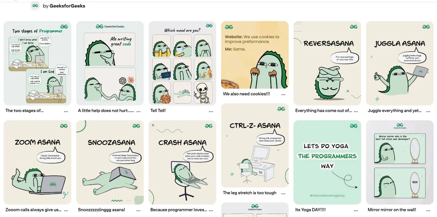 A wall of GeeksforGeeks memes, every one fronted by the GFG mascot